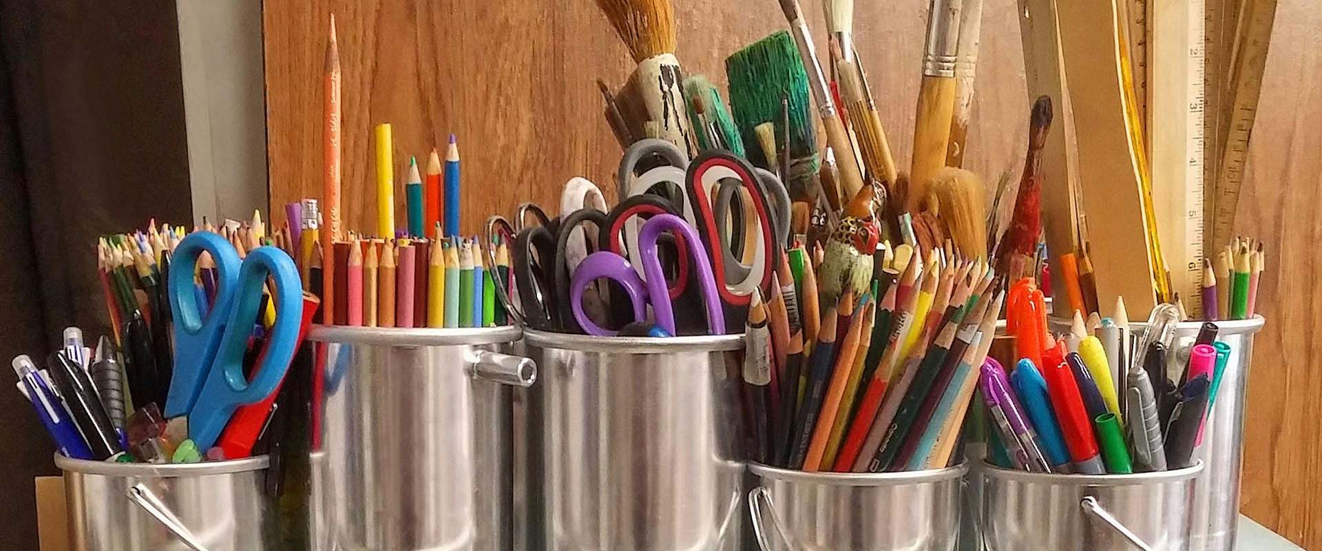 School supplies - pencils, scissors, rulers, and more.